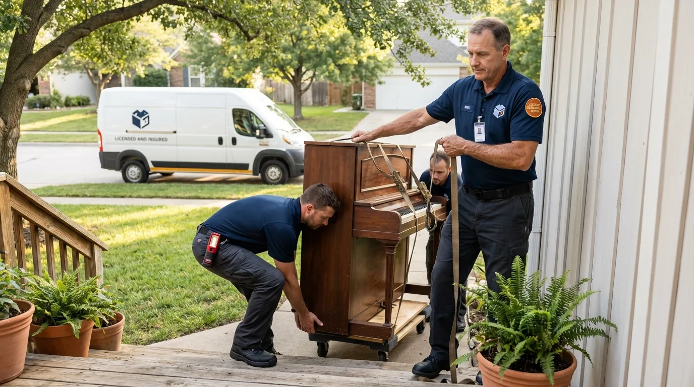 Licensed piano movers securing grand piano in Lytle, TX