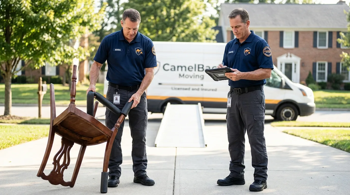 Movers inspecting furniture for damage prevention before loading in Lytle, TX