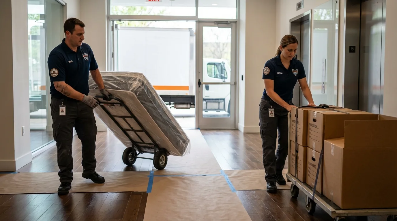Professional apartment movers loading elevator in Lytle, TX