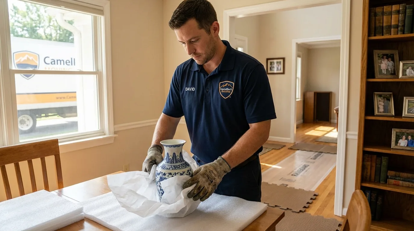 Professional crew carefully wrapping antique vase for senior downsizing move in Lytle, TX