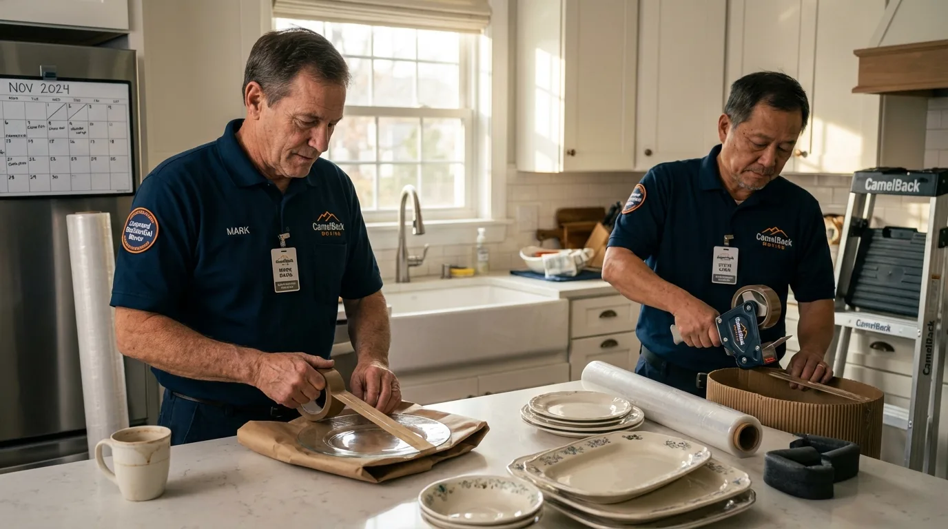 Professional crew packing kitchen dishware in Lytle, TX